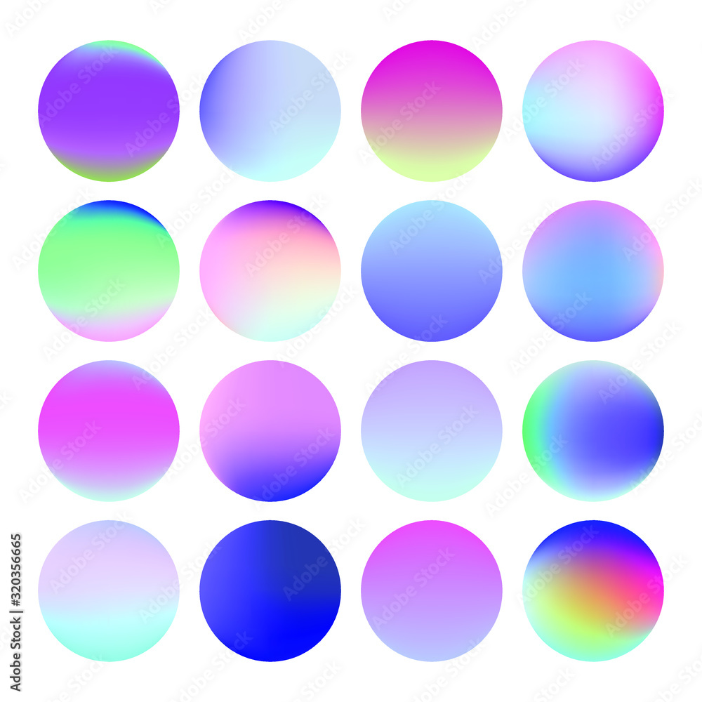 Poster set of vibrant gradient spheres or circles on white background.