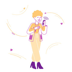 Young Woman Looking on Screen of Smartphone Reading Message or Browsing in Internet Networks. Mobile Phone Gadget Addiction, Cellphone Communication Concept. Cartoon Flat Vector Illustration, Line Art
