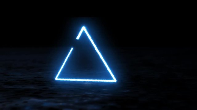 Triangular glowing shape revealed on a reflective dark surface in blue neon and again in fire orange. HD