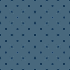 Vector minimalist geometric floral seamless pattern. Navy blue abstract texture with small scattered cross shapes, polka dots. Stylish modern minimal background. Repeat design for decor, wallpapers