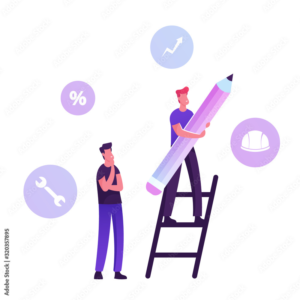 Poster user manual tutorial concept. man stand on ladder with huge pencil and customer support icons around