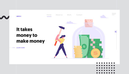 Money Saving and Finance Problems Website Landing Page. Business Woman Hitting Huge Glass Jar with Hammer going to Take Coins and Bills from Moneybox Web Page Banner. Cartoon Flat Vector Illustration