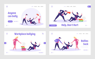 Bulling, Unfair Fight Website Landing Page Set. Businessman Sitting on Floor Trying to Protect himself from Aggression Conflict of Yelling Coworkers Web Page Banner. Cartoon Flat Vector Illustration