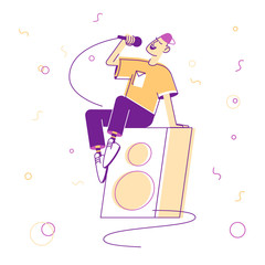 Young Man in Teenage Clothing Sitting on Huge Dynamics on Stage Holding Microphone and Singing Song at Karaoke Bar or Night Club. Music Entertainment Leisure Cartoon Flat Vector Illustration, Line Art