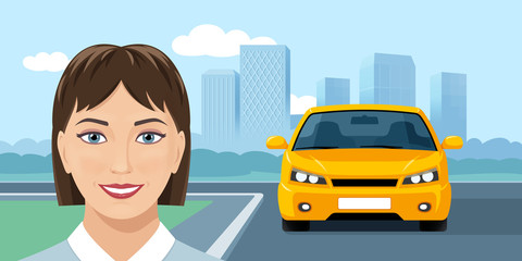 Smiling young woman and yellow car on city background. Web banner design
