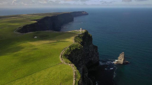 Tourists on walking trail along Cliffs of Moher, Ireland, aerial flyover