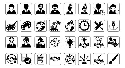 Set of vector icons in black and white style with a square stroke on a white background