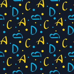 Seamless pattern in small polka dots and hand drawn letters. Yellow and blue colors. Can be used as fabric, wrapping paper, background, Wallpaper, bag template, cover and other surface