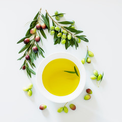  Olive branch and olive oil on light background. Ripe colorful dark and green olives on a branch.