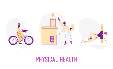 Physical Health Concept. Sportswomen Riding Bicycle, Using Juicer Machine for Cooking, Fitness Exercising in Gym, Infographics Poster Banner Flyer Brochure. Cartoon Flat Vector Illustration, Line Art