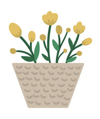 Vector illustration of plant in pot with green leaves and yellow flowers. Flat trendy hand drawn houseplant for home gardening design. Beautiful spring and summer herb.