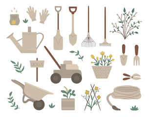 Vector set of colored garden tools, flowers, herbs, plants. Collection of gardening equipment. Flat spring illustration of spade, shovel, rakes isolated on white background. .