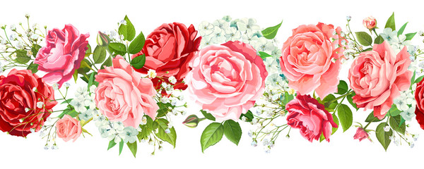 Vintage floral seamless border with flowers of red, pink, gentle peach Roses, light Phloxes, tender white Gypsophila, buds, greenery isolated on a white background. Vector illustration