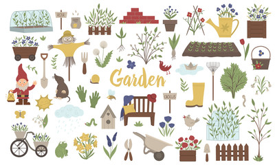 Vector big set of colored garden things, tools, flowers, herbs, plants. Collection of gardening equipment. Flat spring illustration isolated on white background. .