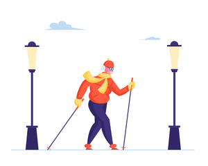Senior Lady Walking with Scandinavian Sticks on White Background with City Lamps. Outdoor Fitness Activity, Healthy Lifestyle and Sport Life, Old Woman Sports Exercise Cartoon Flat Vector Illustration