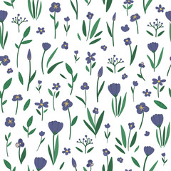 Vector seamless pattern with purple flower elements. Garden repeating background with decorative plants. Texture with spring and summer herbs and flowers..