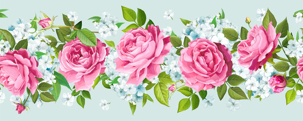 Vintage floral seamless border with flowers of pink Roses and tender Phloxes, buds, greenery isolated on a light background. Vector illustration