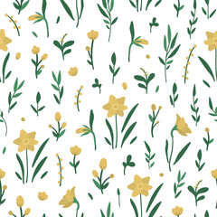 Vector seamless pattern with yellow flower elements. Garden repeating background with decorative plants. Texture with spring and summer herbs and flowers..