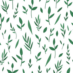 Vector seamless pattern with green branches. Garden repeating background with decorative plants. Texture with spring and summer herbs and flowers..