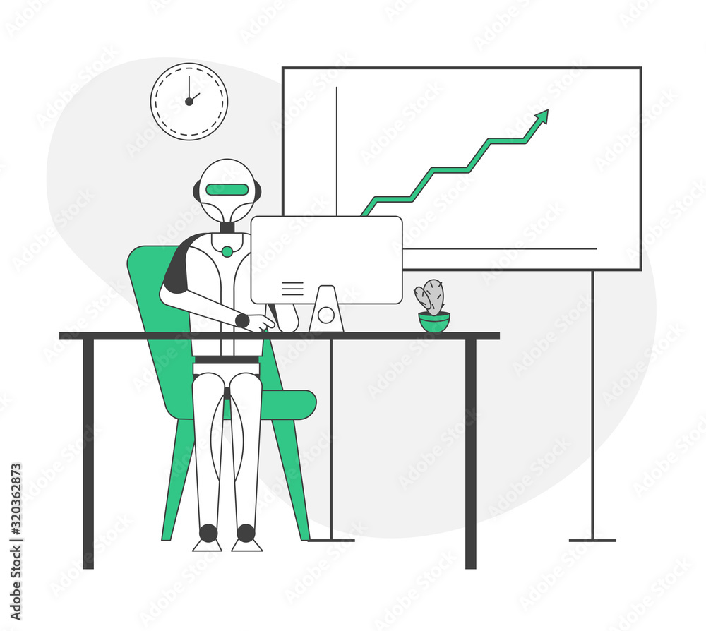 Poster artificial intelligence in human life concept. robot sitting at desk with computer working in office
