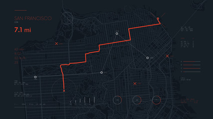Futuristic navigate mapping technology dashboard GPS tracking map, showing movement and final destination on the streets of the city San Francisco