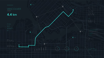 Futuristic route dashboard GPS tracking map, navigate mapping technology and locate position pin on the streets of the city Vancouver