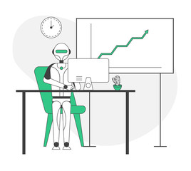 Artificial Intelligence in Human Life Concept. Robot Sitting at Desk with Computer Working in Office. Futuristic Technologies, Smart Devices, Automatization Cartoon Flat Vector Illustration, Line Art
