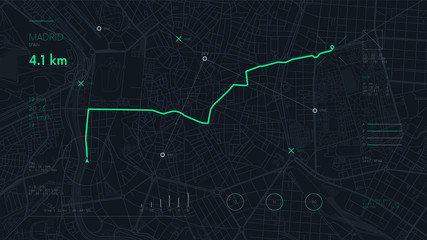 Futuristic travel GPS map or location navigator, navigate mapping technology and final destination on the streets of the city Madrid