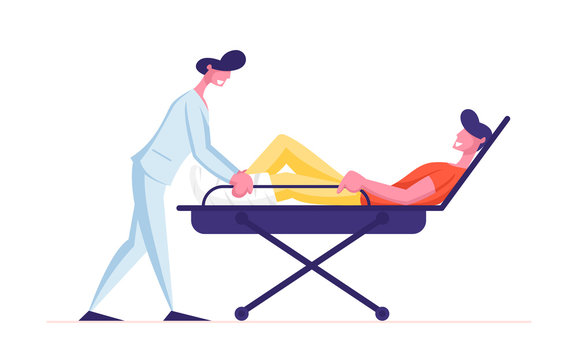 nurse pushing patient on stretcher, cartoon style clip art preview