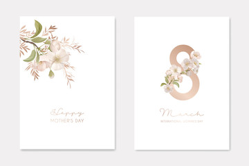8 March International Woman's Day and Happy Mother's Day Elegant Greeting Cards Set, Creative Design Composition for Holidays Congratulation with Spring Blooming Cherry Flowers Vector Illustration