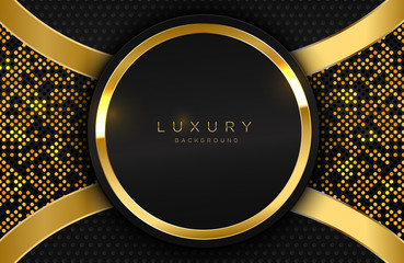 Abstract geometric 3d background with realistic gold effect. Vector geometric illustration of golden shape with golden halftone dots. Graphic design element. Luxury decoration