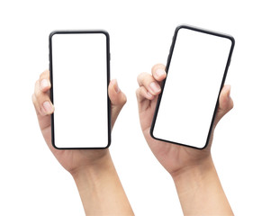 Set of Male hand holding the black smartphone with blank screen isolated on white background with clipping path.
