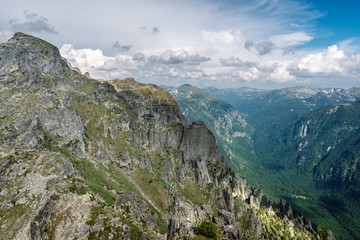 Panoramic view of Rila Mountain with overhanging clouds, Bulgaria, Europe.