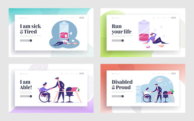 Working Overload, Disabled Employment Website Landing Page Set. Handicapped Worker Introducing with New Workplace, Tired Officer with Low Battery Web Page Banner. Cartoon Flat Vector Illustration