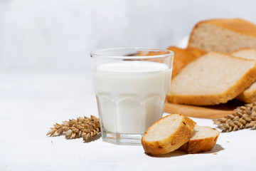 glass of milk, assortment of fresh bread and ingredients, closeup