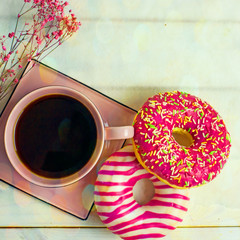 Donuts in colored glaze background