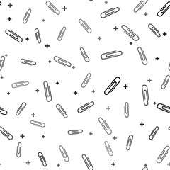 Black Paper clip icon isolated seamless pattern on white background. Vector Illustration