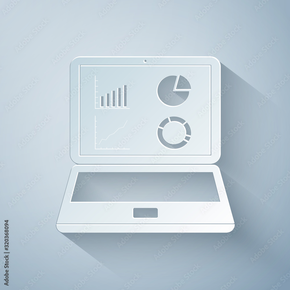 Poster paper cut laptop with graph chart icon isolated on grey background. report text file icon. accountin