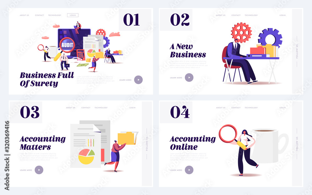 Aufkleber audit consulting for company website landing page set. auditors check sum documents, bank accounts f