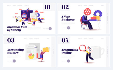 Fototapeta na wymiar Audit Consulting for Company Website Landing Page Set. Auditors Check Sum Documents, Bank Accounts for Financial Project Management Accounting Balance Web Page Banner. Cartoon Flat Vector Illustration
