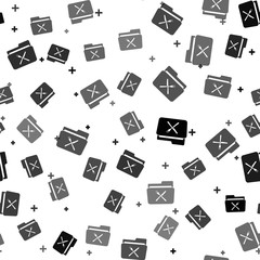 Black Crossed fork and knife over folder icon isolated seamless pattern on white background. Restaurant symbol. Vector Illustration