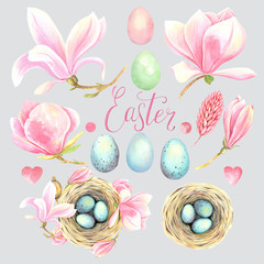 Clip art set with rose magnolia flowers and cute bird nest, easter eggs. Isolated elements on a gray background. Stock illustration hand painted in watercolor.