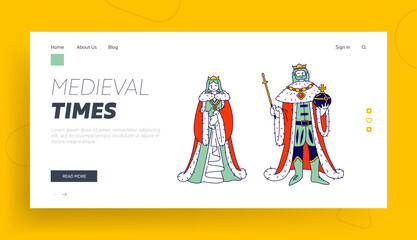 Medieval Royal Family Members King and Queen in Costumes Website Landing Page. Ancient Historical Kingdom or Fairy Tale Fantasy Characters Web Page Banner. Cartoon Flat Vector Illustration, Line Art Wall mural