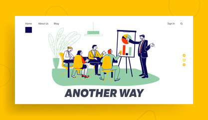 Company Leader, Business Coach Explaining Company Strategy Website Landing Page. Financial Consultation on Meeting with Employees, Workshop Web Page Banner. Cartoon Flat Vector Illustration, Line Art