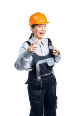 Woman builder engineer shows fingers at you.