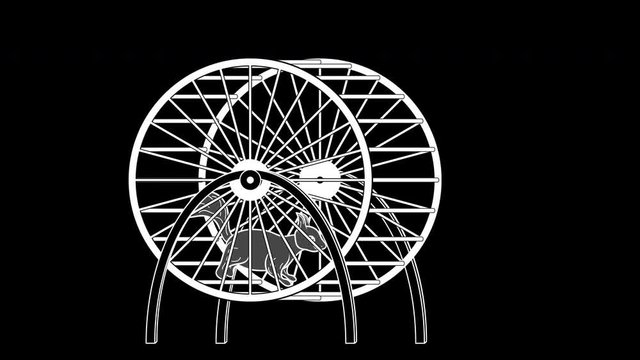 Black and White Hand-Drawn Clip. Squirrel Runs in Wheel. Animated Pet. Loop Seamless Stock Footage. 3D Graphic.