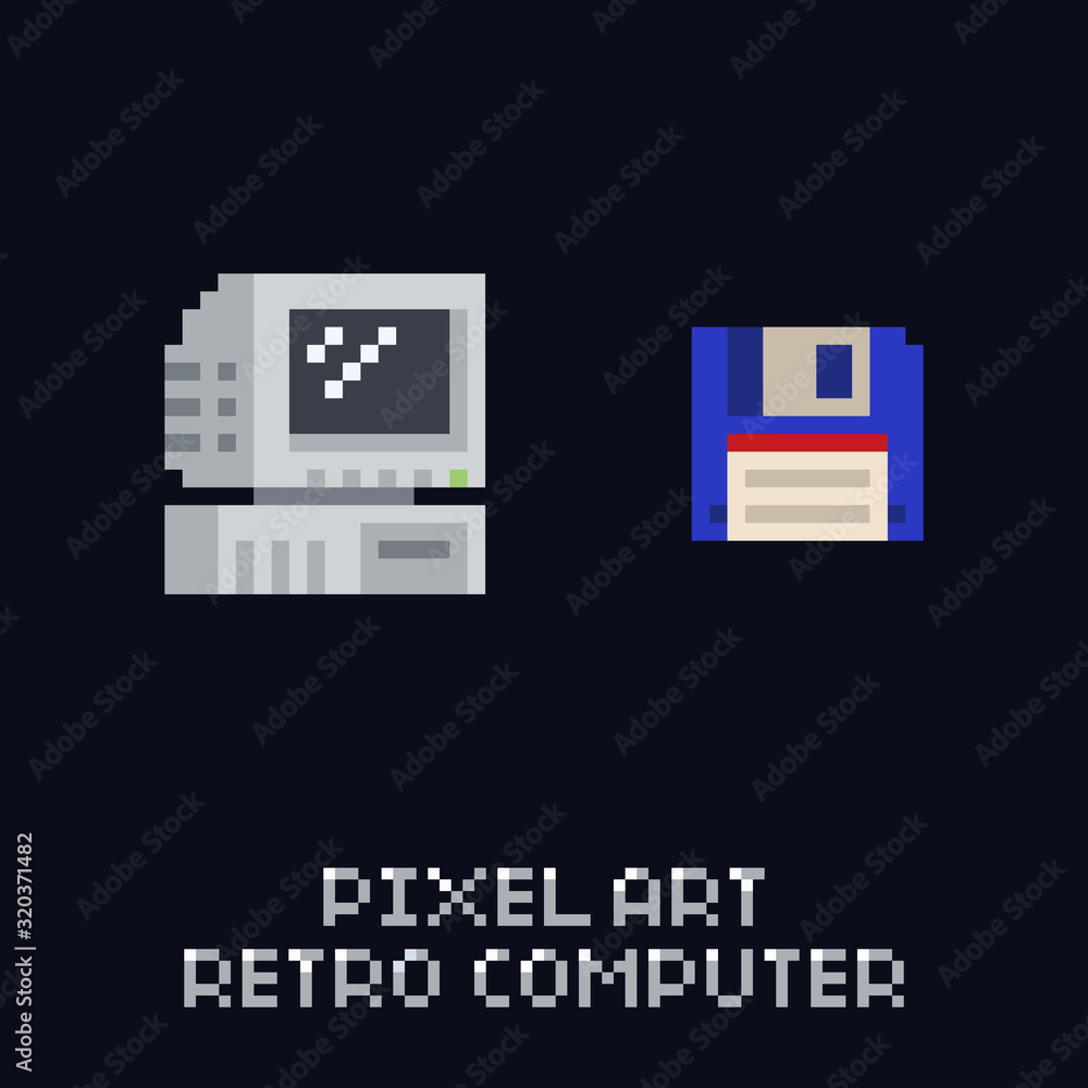 Fototapete pixel art retro computer and blue floppy diskette icon - vintage 8 bit vector set on dark background