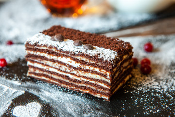 Vegan, raw carrot cake. Healthy food. Grey stone background Top View Copy space. Selective focus. Slice of cake. Healthy Homemade