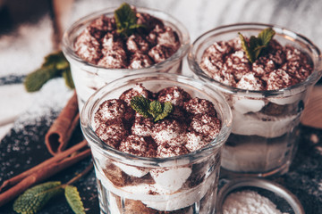 Tiramisu cake in glass, classic Italian dessert with mascarpone cream and cocoa. selective focus.