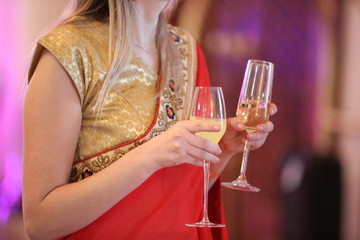 close up woman hands are holding tray for serving something